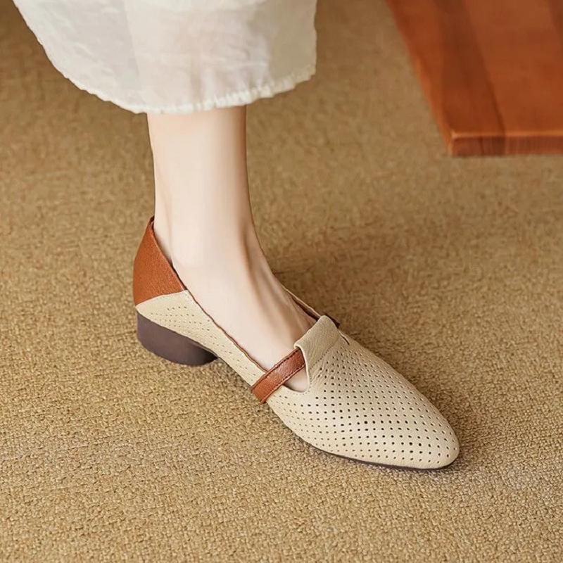 

женские милые туфли-лодочки с острым носком, перфорированные, дышащие, весенние, слипоны, на квадратном каблуке, для офисной леди, повседневные рабочие туфли ab557 35