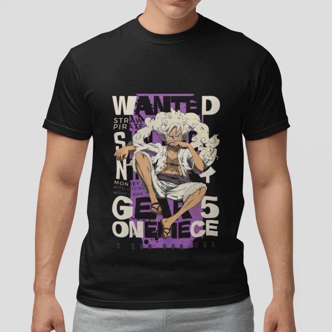 One Piece Luffy Gear 5 T-Shirt Wanted Poster Anime Unisex Black Top Tee S