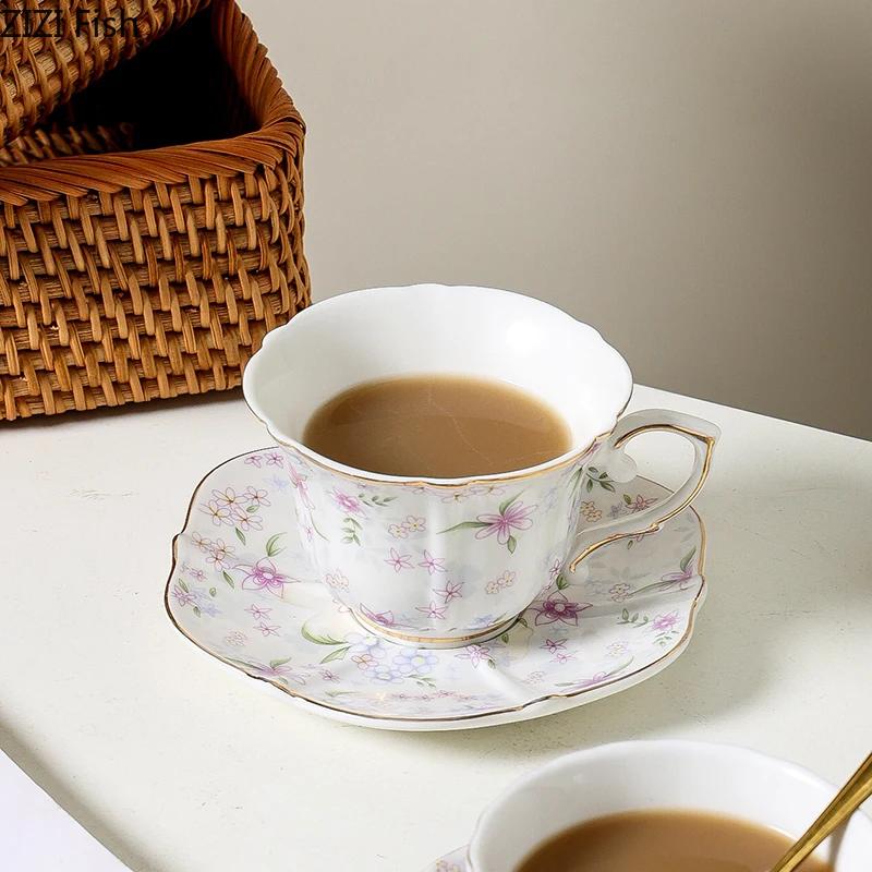 Floral Print Pattern Cup&saucer Gilding Edge Porcelain Coffee Mug Dining Table Flower Mugs Afternoon Tea Teacup Fruits Juice Cup
