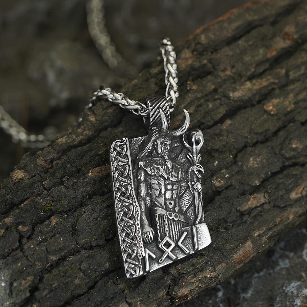Men Rune Viking Necklace Norse God Jewelry Stainless Steel with Valknut Gift Bag - Loki