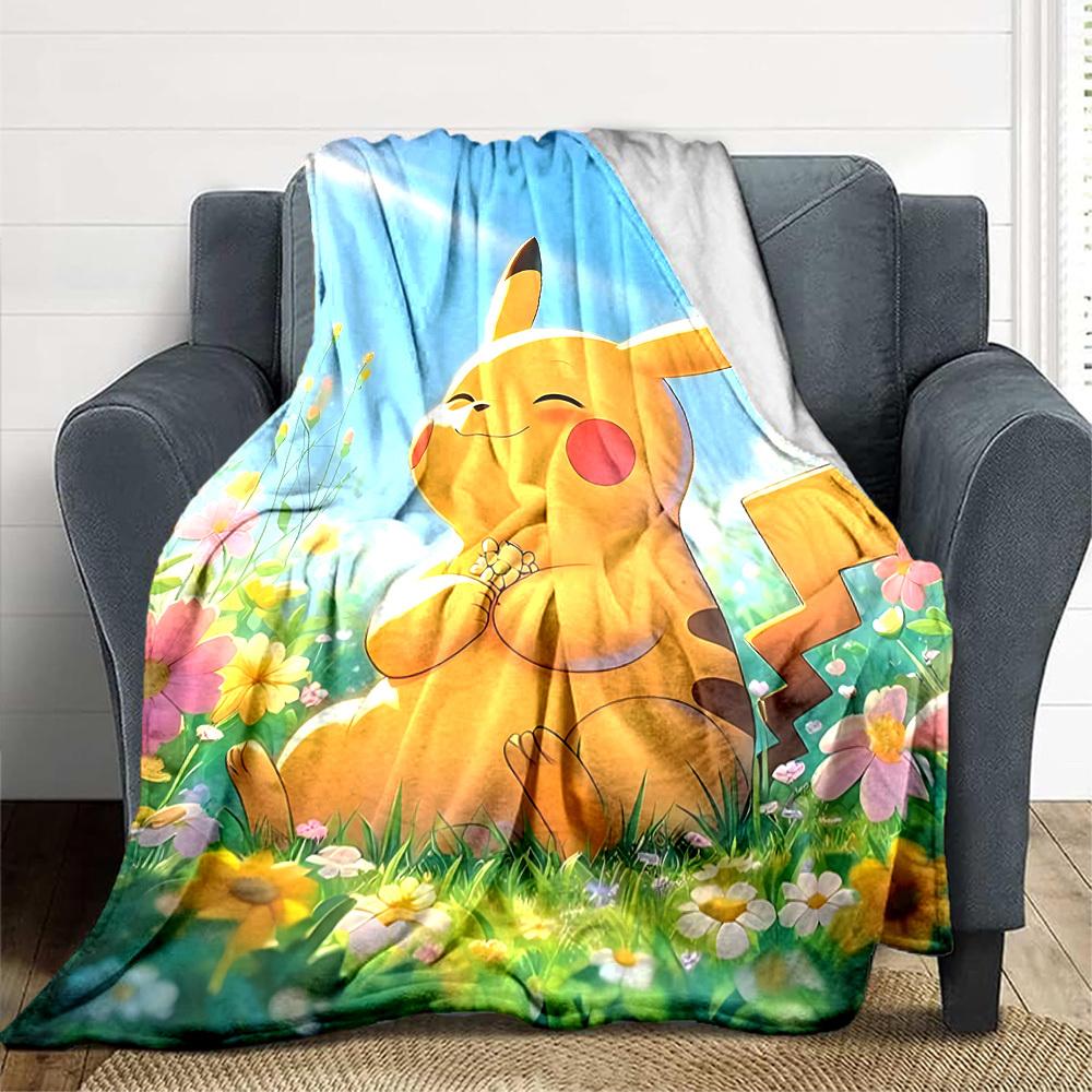 1pc Pikachu, Flowers Blanket Lightweight Flannel Blanket Throw Blanket For Sofa, Bed, Travel, Camping, Livingroom, Office, Couch