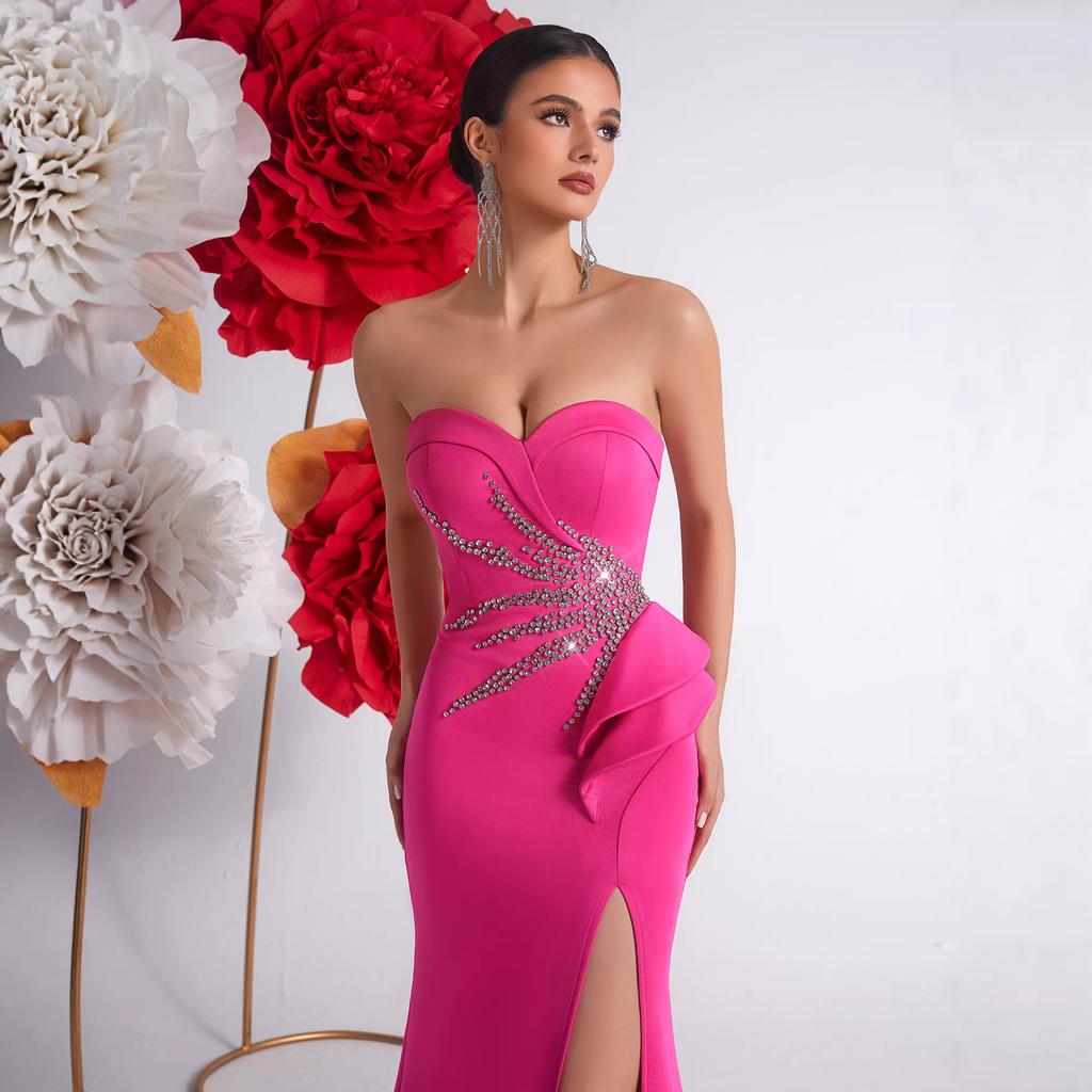 European and American New Tube Top Women's Heavy Industry Nail-drilled Ruffle Edge Dress, Slim-fitting High-split Banquet Hosting Evening Dress