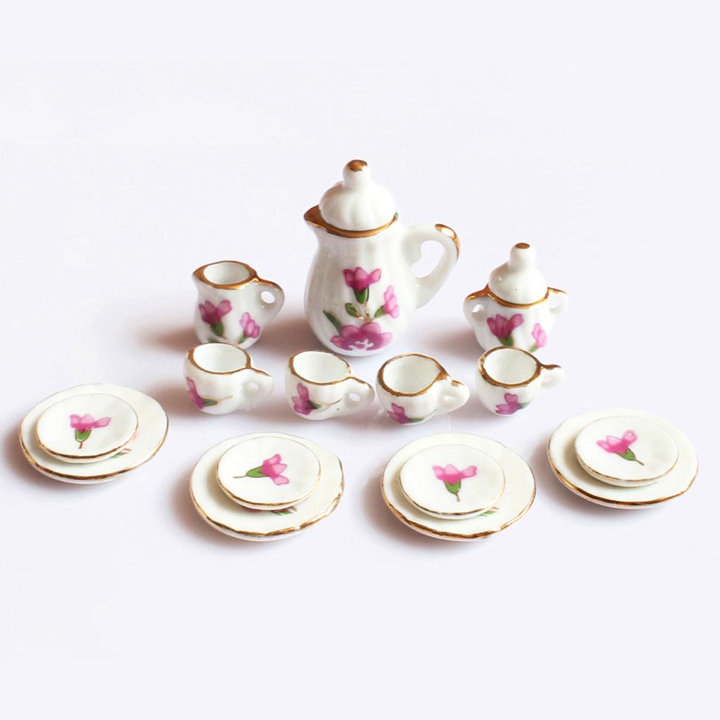 1/12 Dollhouse Miniature Dining Ware Porcelain Tea Set Dish Cup Plate Pot 15Pcs White+Pink/Green