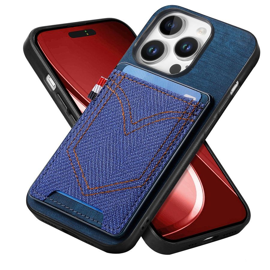 IPhone Samsung Xiaomi Google için Kart Yuvalı Kot Dokulu Telefon Kılıfı Manyetik Araç Tutucu Uyumlu Düşmeye Karşı & Parmak İzine Karşı Arka Kapaklar