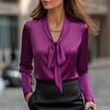 New Women's Satin Pullover Shirt Bow Tie Fashion Pink Top Office Elegant Long Sleeve White Blouses for Female