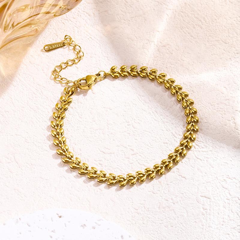 New Arrivals Simple Fashion Gold Color Stainless Steel Wheat Ear Chain Bracelets Necklace for Women Plant Jewelry Sets Accessory