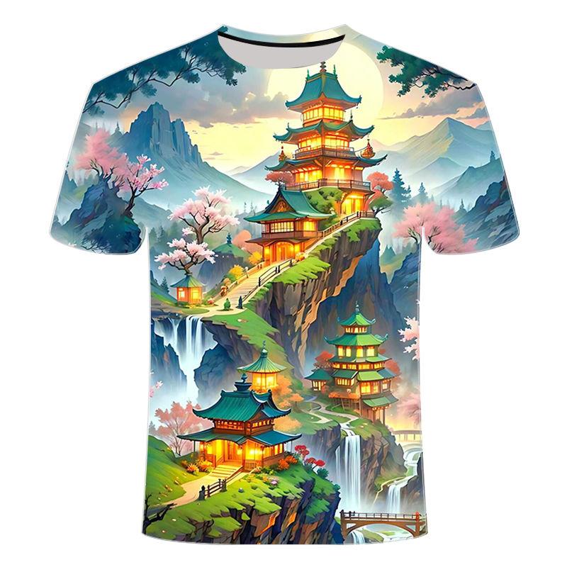 2024 Summer New 3D Printed Short Sleeve Antique Architectural Beauty Series Men's Crewneck T-shirt