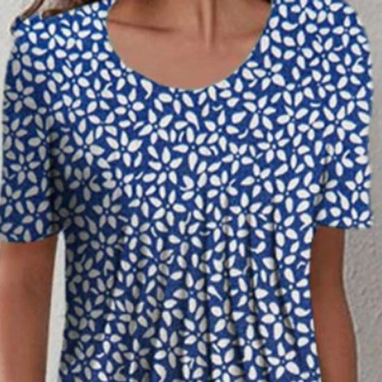 Women's Floral Print Tunic Shirt Dress Short Sleeve Crew Neck Pleated Midi Dress with Pockets Summer Boho Swing Sundress