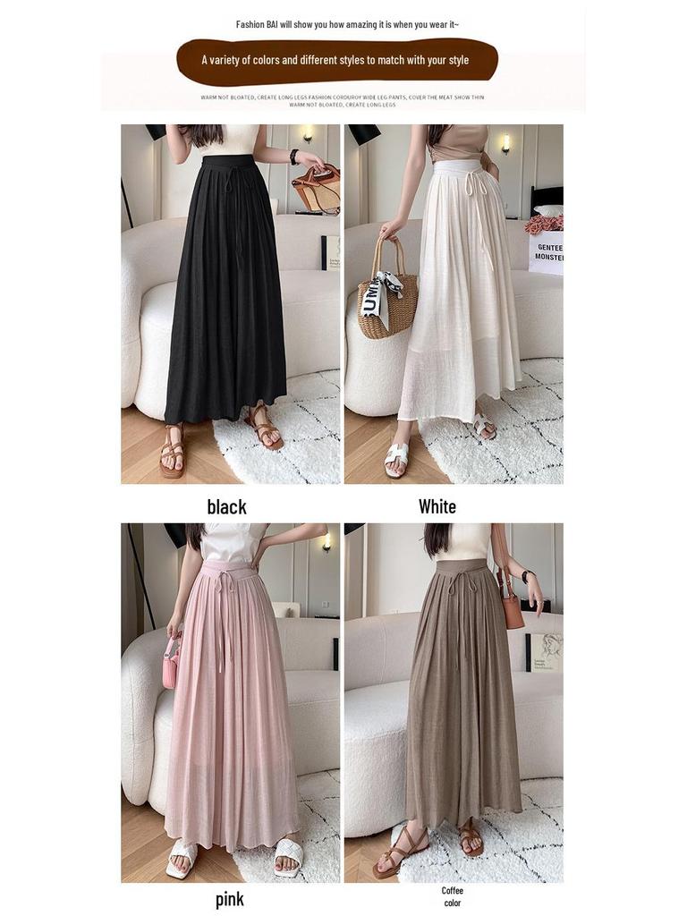 Women's Summer 2024 High-Waist Drape Pants Skirt - Ice Silk & Cotton-Linen Blend with Elastic Waist and Straps