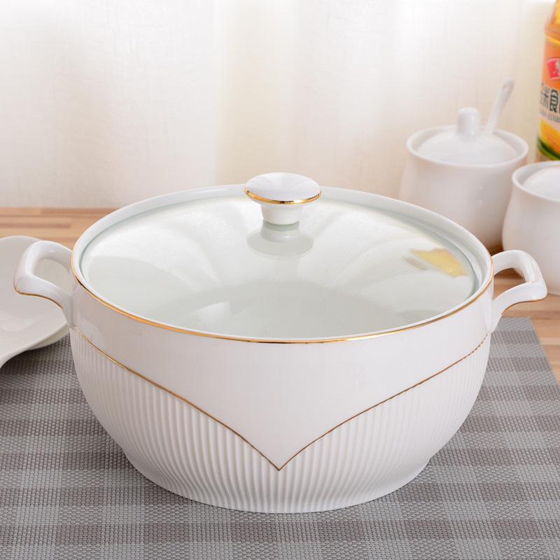 Gold-Trimmed Embossed Ceramic Soup Pot with Lid, Bone China Soup Bowl Tableware Gift Set