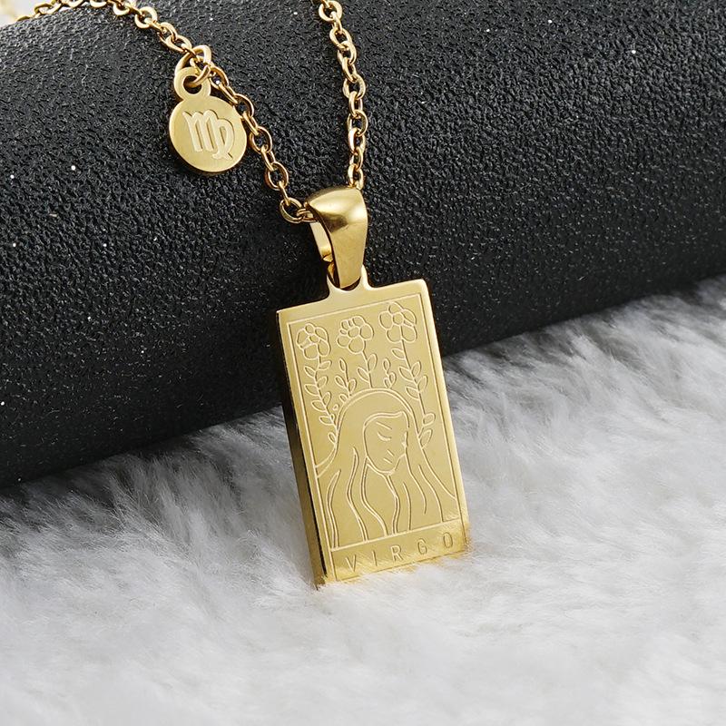 18K Gold Stainless Steel Zodiac Pendant Necklace - Square Constellation Design for Women