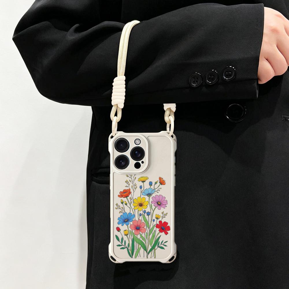 

Wrist Strap Phone Case for iPhone 17 Pro Max 16 15 14 12 Retro Daisy Flower Silicone TPU Soft Bumper Lanyard Strap Rope Cover iPhone17 Pro
