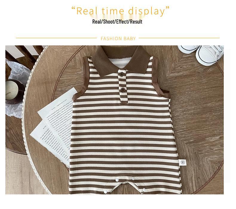 Unisex Infant Striped Sleeveless Romper with Lapel and Snap Crotch