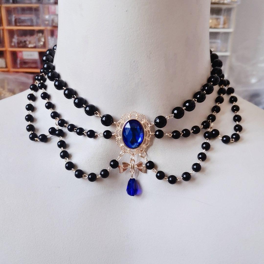

Elegant Black Layered Necklace Vintage Imitation Pearl Necklaces Gothic Victorian Lolita Costume Necklaces for Bridal Wedding