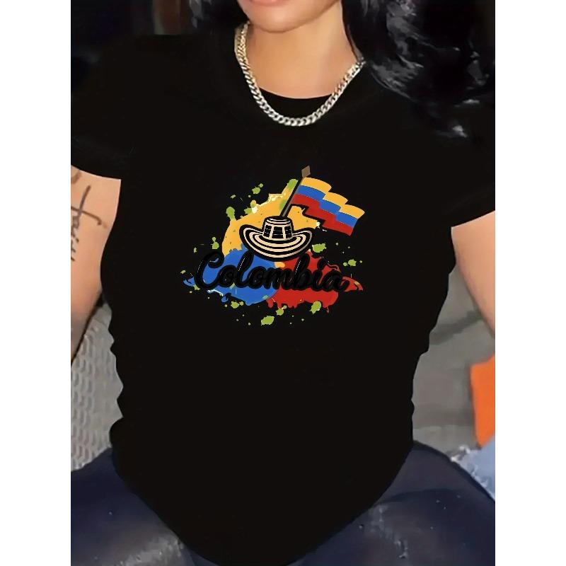 Damen-Sportbekleidung mit einem stilvollen Rundhals-Kurzarm-T-Shirt für Kolumbiens Unabhängigkeitstag