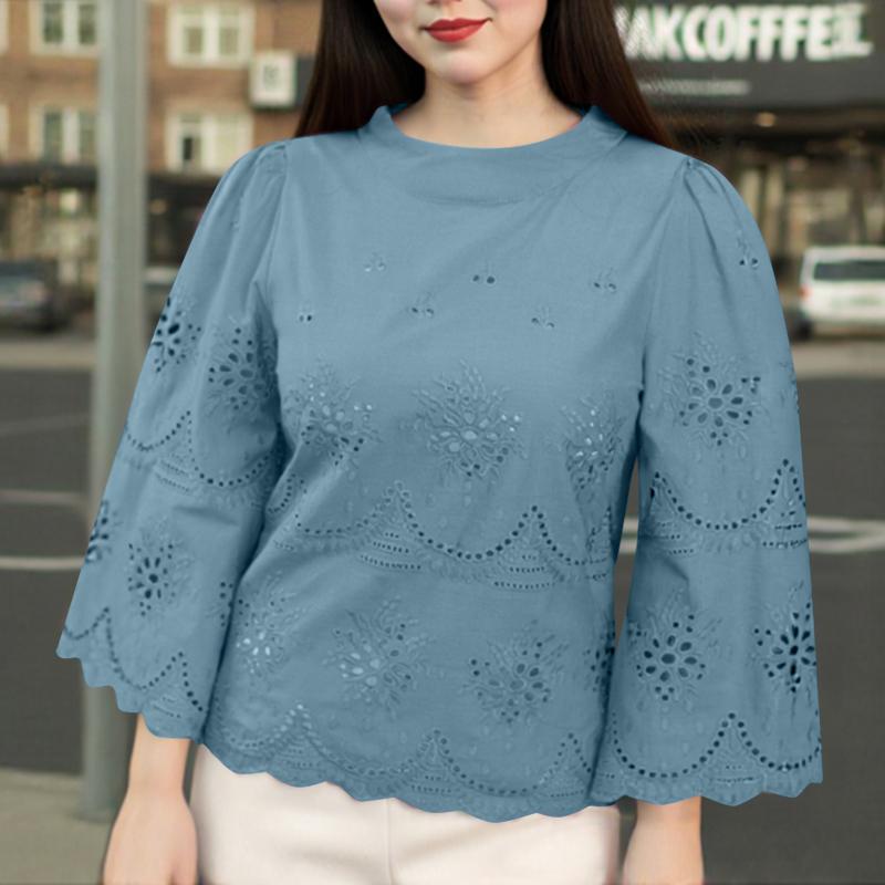 

ZANZEA Womens Casual O-neck 3/4 Sleeve Crochet Patchwork Loose Blouse XL