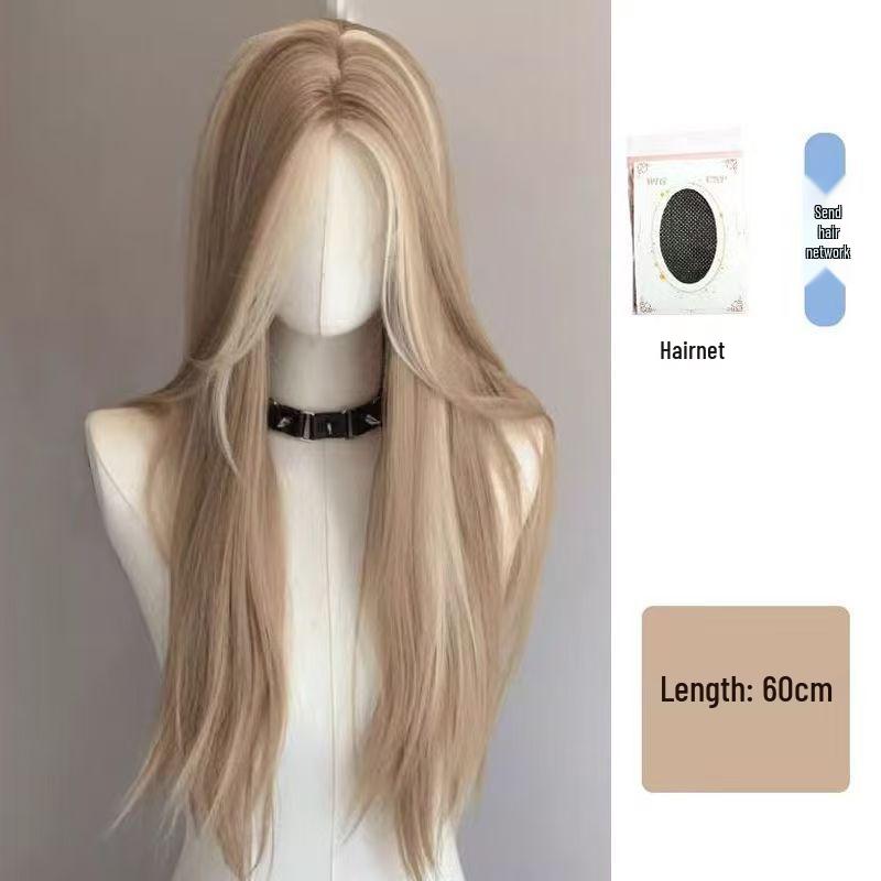KuKu Princess Milk Tea Grey Middle Part Lace Wig - Women's Long Straight Hair Wig