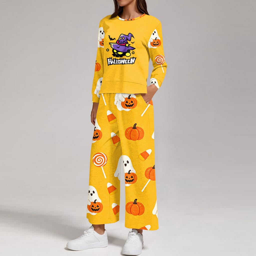 Women's Halloween Print Sweatshirt and Jogger Set, Crewneck Loose Fit with Side Slit Hem