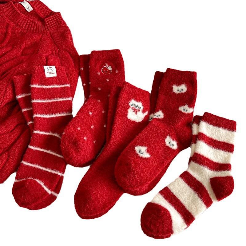 Thickened New Year'S Stockings, Red Bright Red Medium Tube Socks, Australian Velvet Cat Socks, Year Of The Horse Cartoon To Keep Warm In Winter
