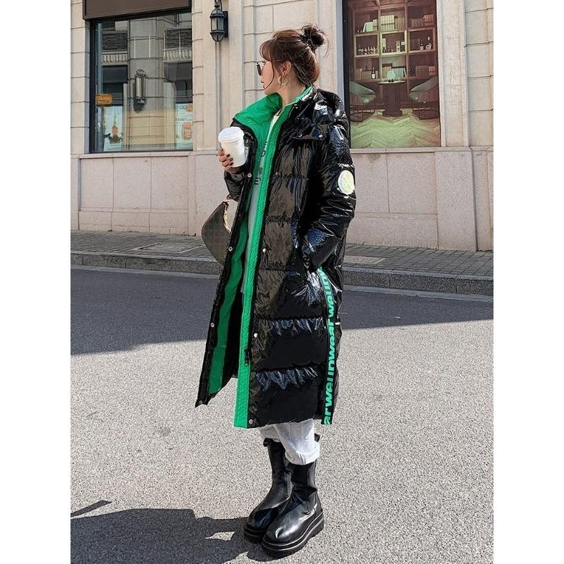Winter Warm Thick Long Hooded Puffer Jacket Waterproof Shiny Loose Fit Color Block Coat
