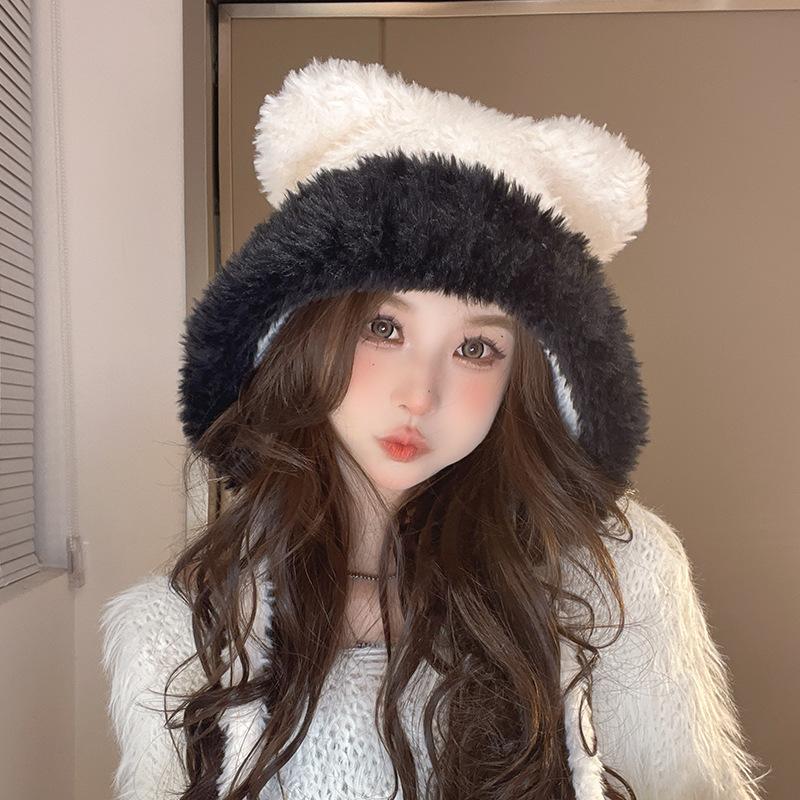 Bear Cute Plush Edge Lace Korean Knitted Hat Women's Autumn and Winter Warm Ear Protection Woolen Hat New Style