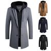 Sobretudo de Inverno Masculino Falso Duas Peças Lã Mangas Compridas Comprimento Médio Zíper Quente Formal Tamanho Plus Chapéu Removível Casaco de Inverno para Uso Diário
