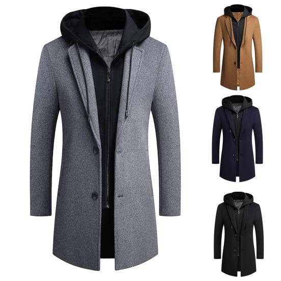 Men Winter Overcoat Fake Two Piece Wool Long Sleeves Mid Length Zipper