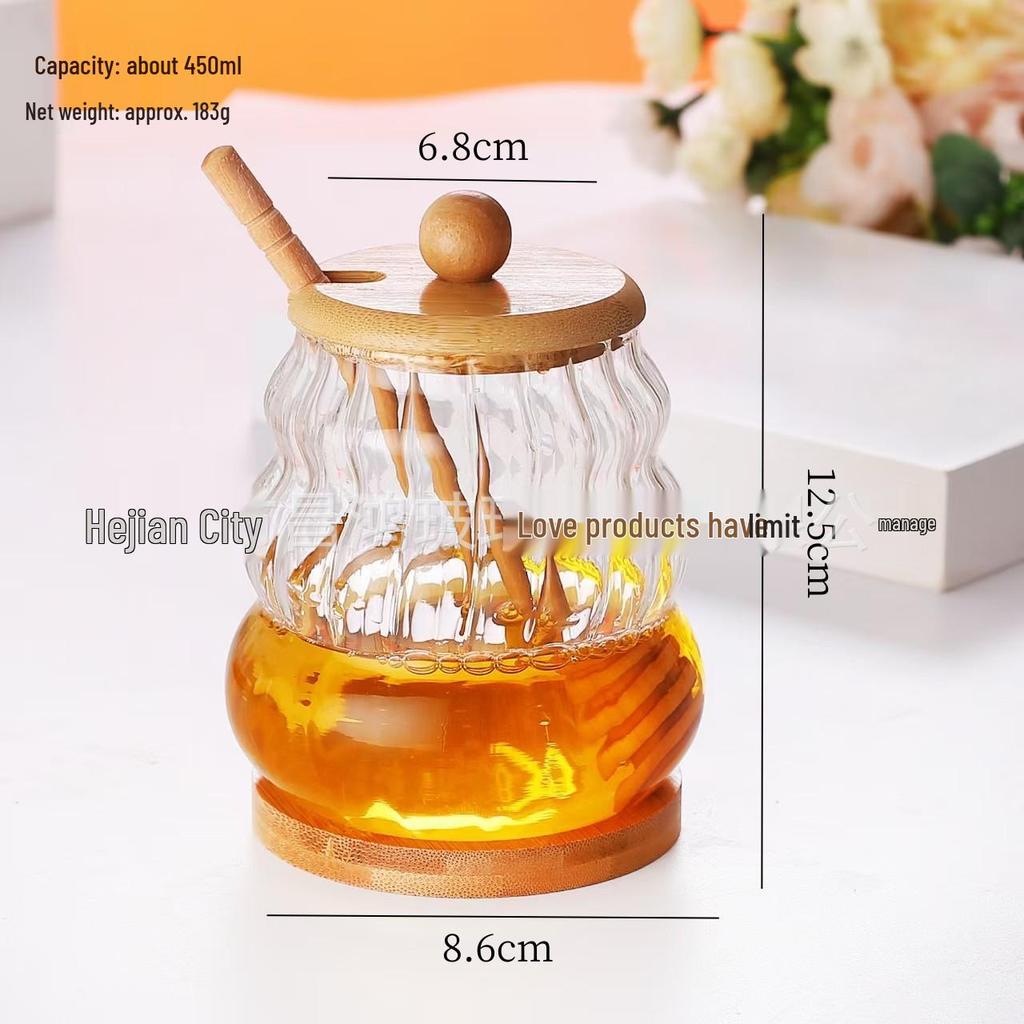 High Borosilicate Glass Honey Jar with Lid and Stirrer - Kitchen Storage Jar