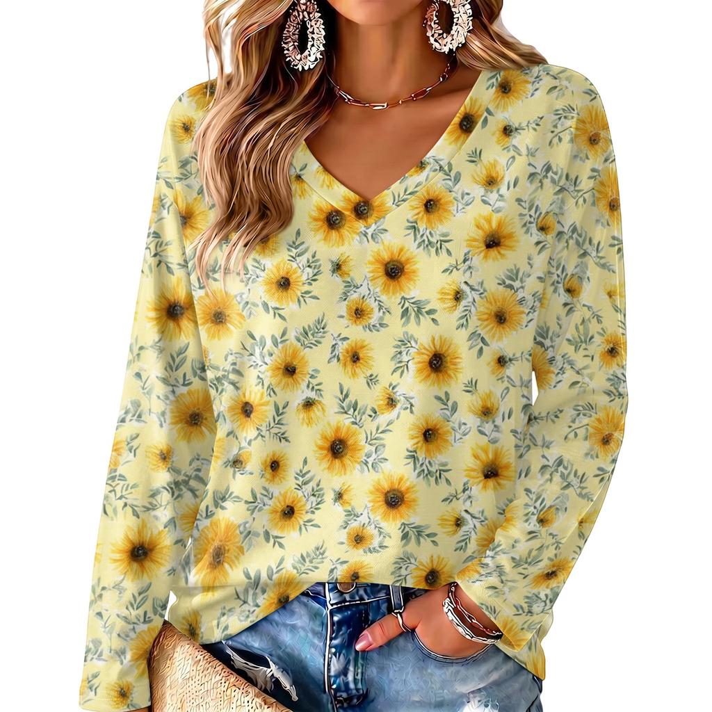 Women's V-Neck Long Sleeve Print Blouse Lightweight for Spring Summer