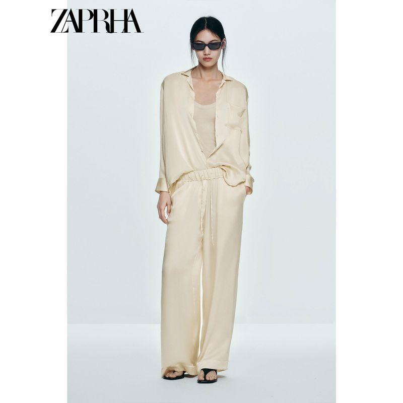 Zaprha 2025 Summer New Women Clothes French Style Fashion Satin Long Sleeve Pocket Decoration Lapel Shirts 7823147
