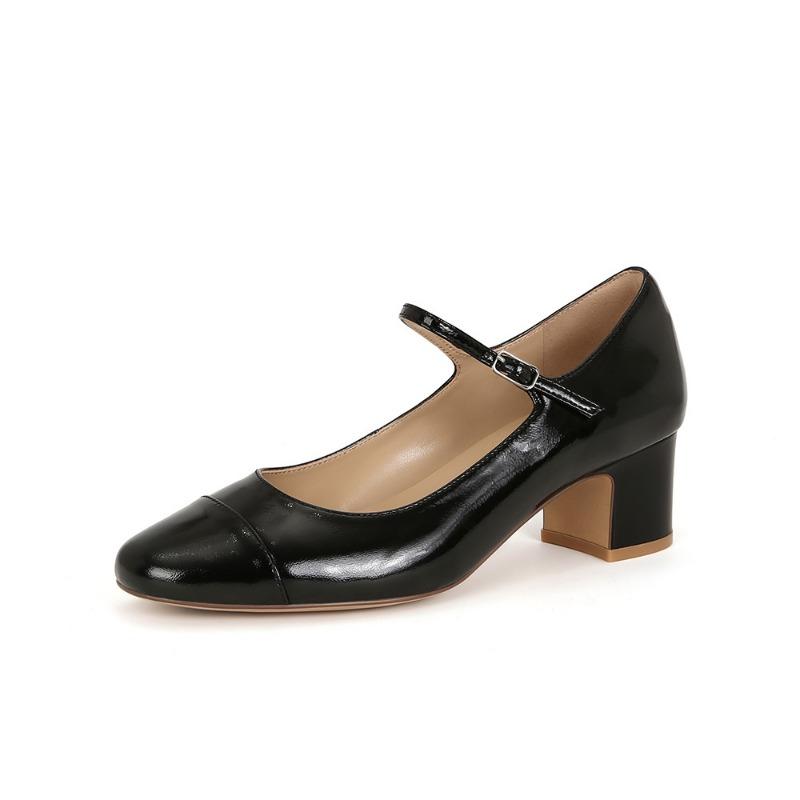 [] Heel height cm~ color matching lambskin thick heel Mary Jane single shoes women's commuting ol