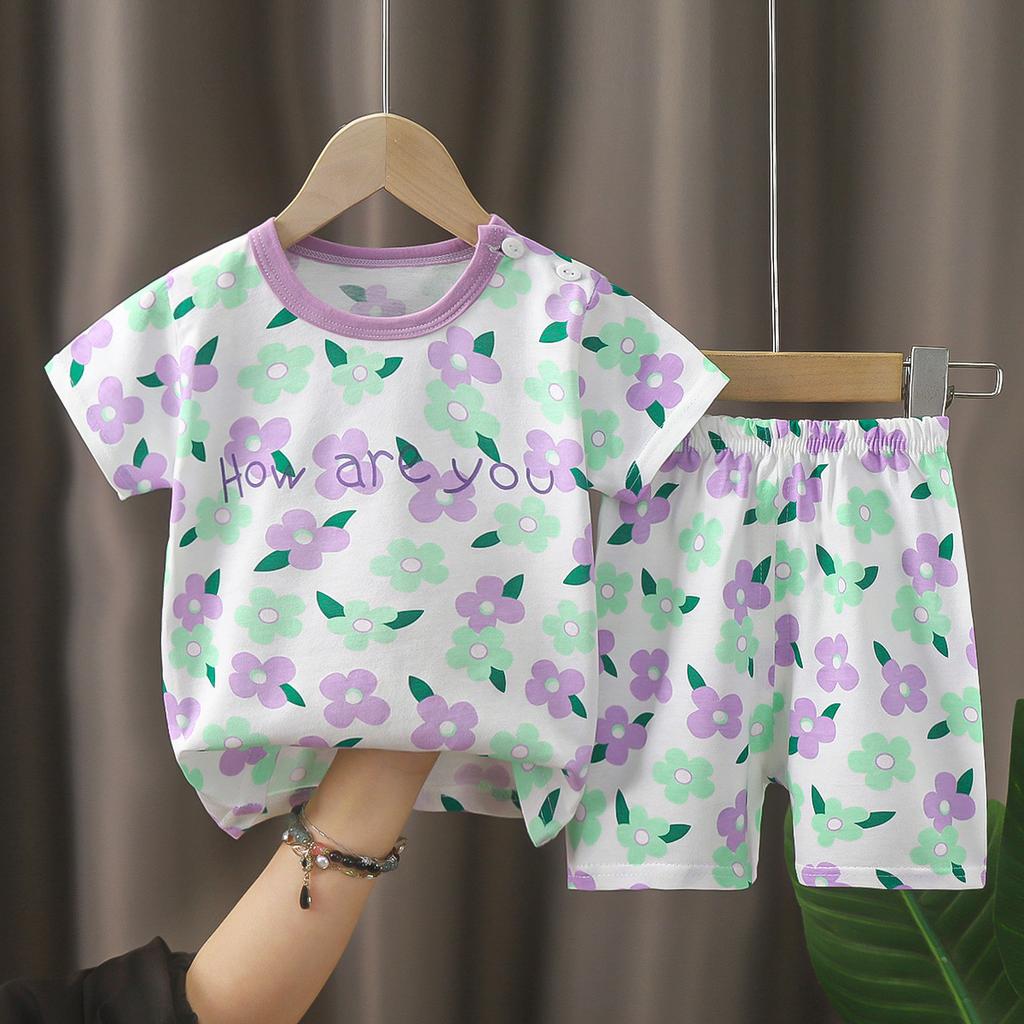 Kids Cotton Short Sleeve 2Pcs Set, Summer Shoulder Snap T-shirt & Shorts for Toddler Boys Girls