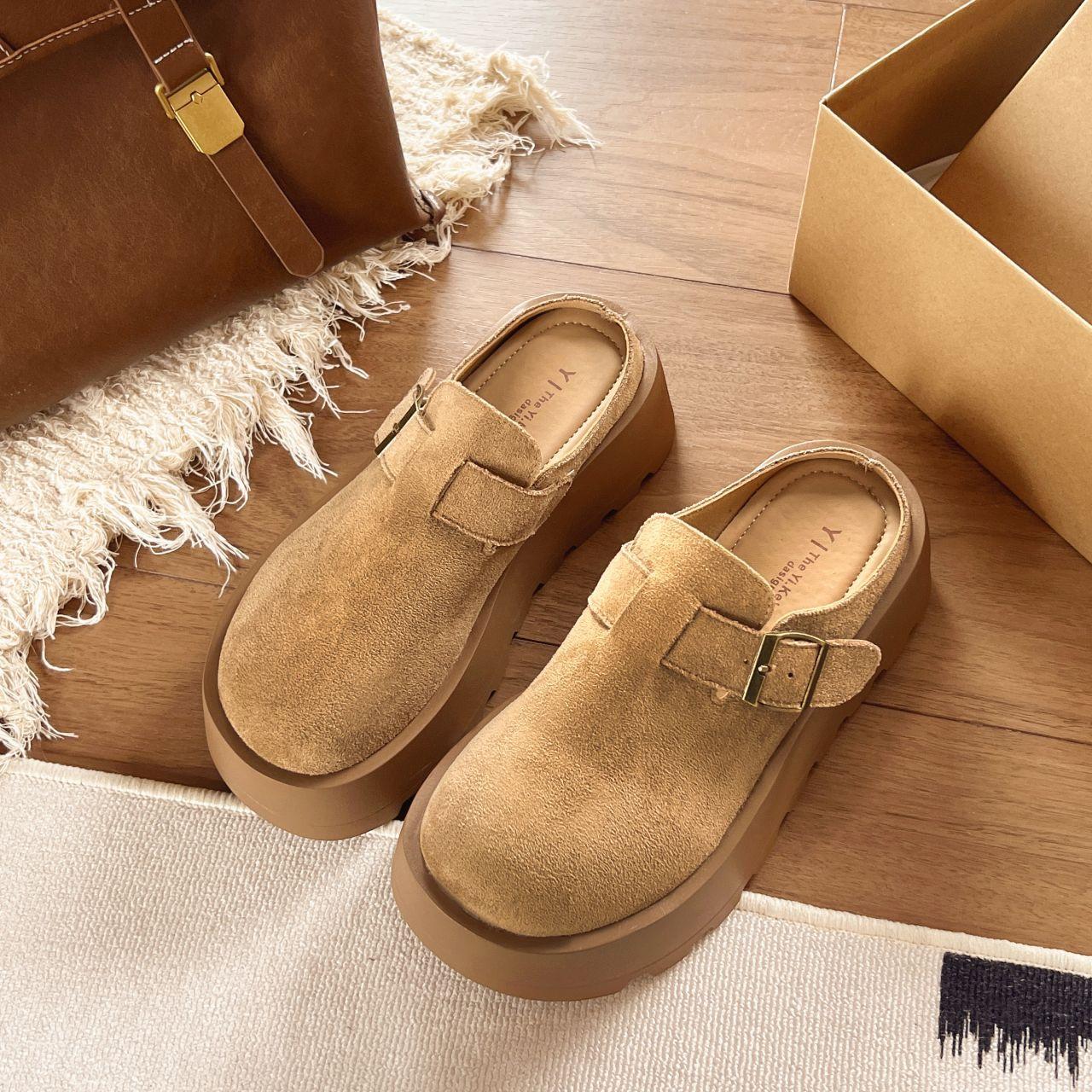 

Женские модели Boken half-drag на толстой подошве 2025 года, весна и осень, модные тапочки с матовой сумкой на голове, повседневные женские туфли Muller с одной педалью 35 хаки