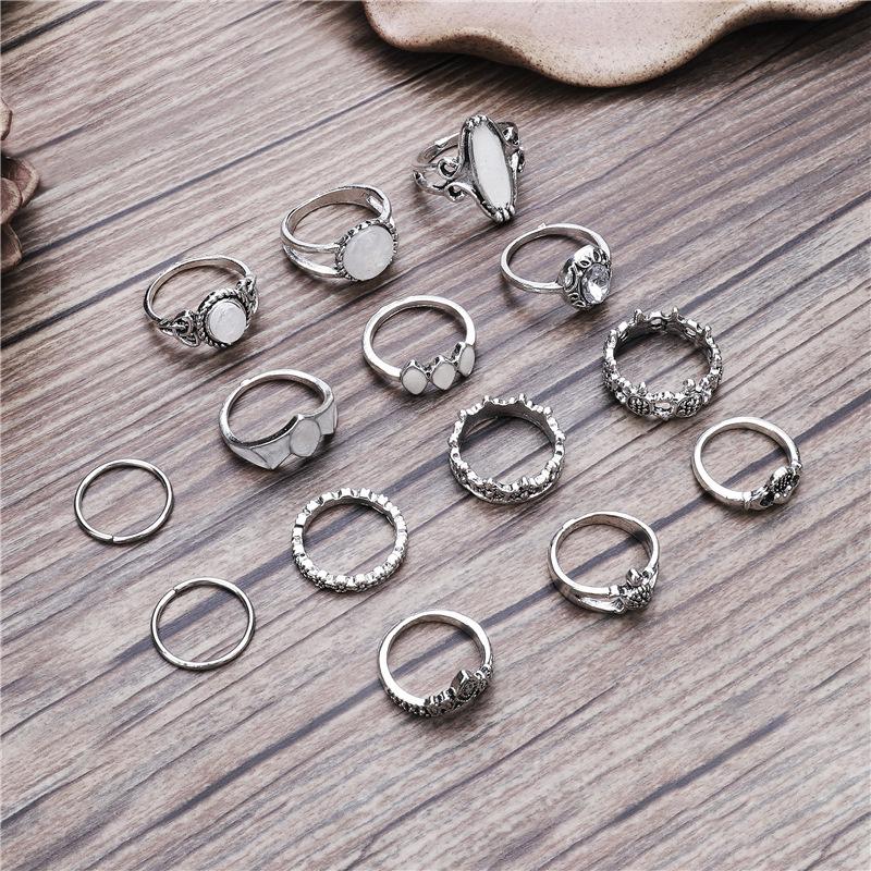 Fashion Women Carved Starry Sky Rhinestone Knuckle Rings Set 14 In 1