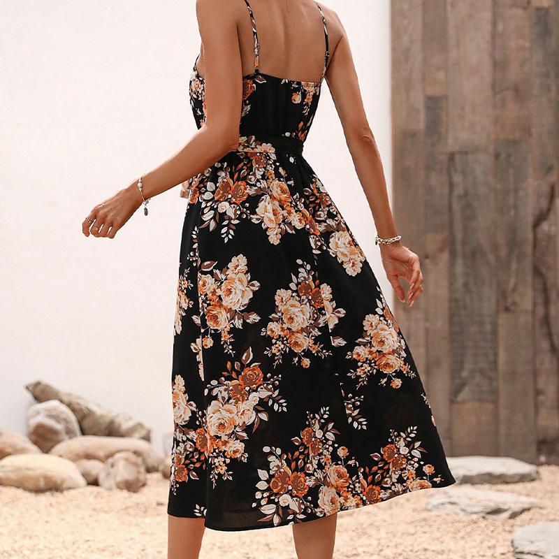 Women's Summer Print High Waist Spaghetti Strap Midi Dress