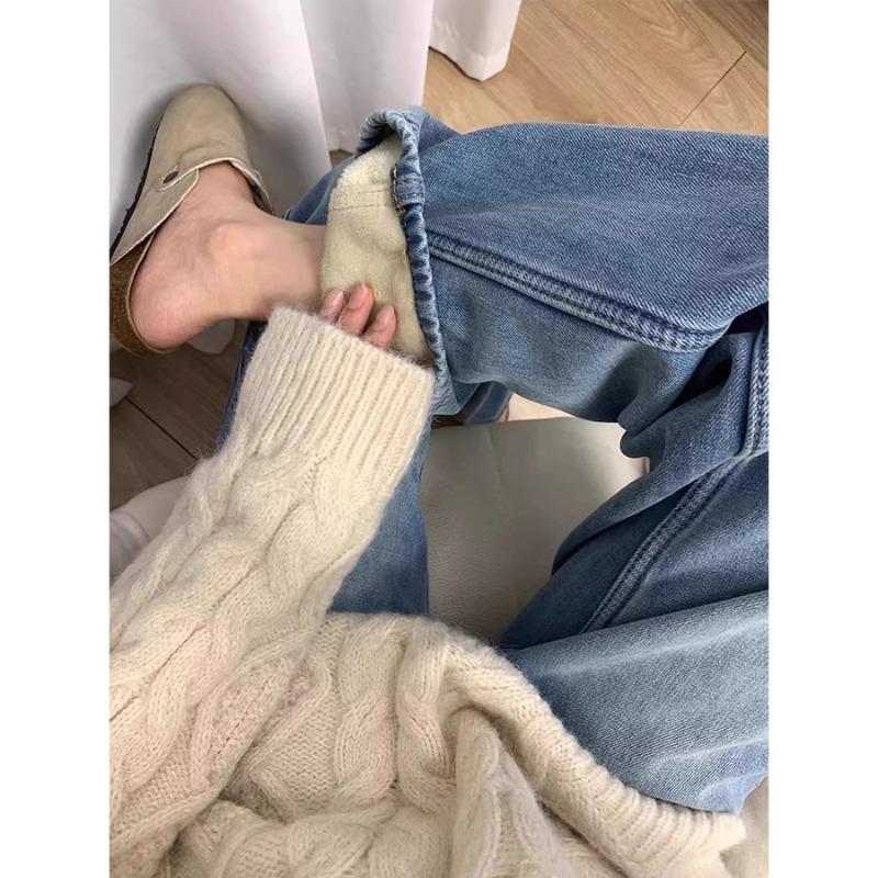 White Velvet Loose Straight Jeans Women's Autumn and Winter New High-waisted and Thin Casual Versatile Wide-leg Narrow Pants
