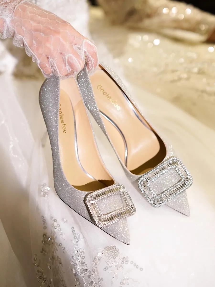 

Свадебные туфли женские с заостренным ромбом и квадратной пряжкой темпераментные взрослые подарочные туфли одинарные свадебные туфли на высоком каблуке 40