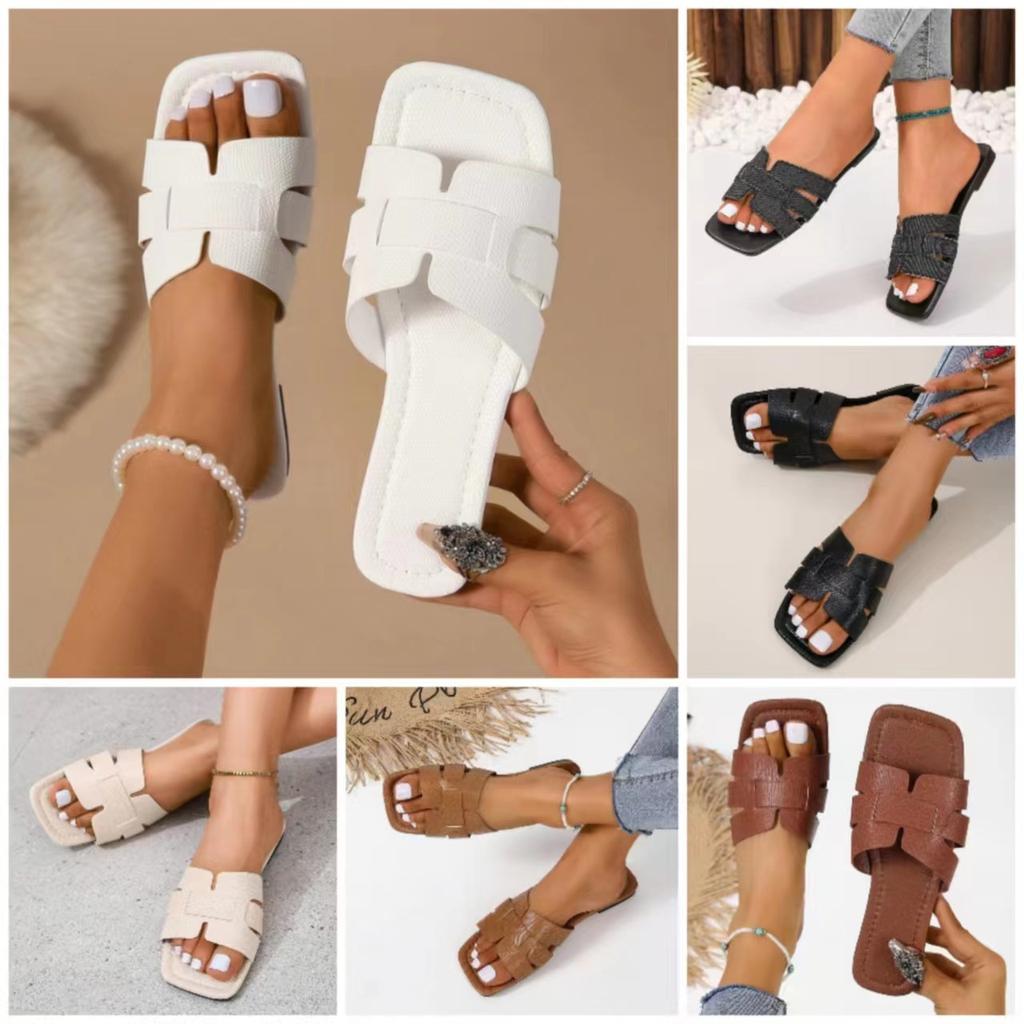 Korean version of solid color flat-bottomed slippers women's slippers European and American square head breathable one pedal home slippers women