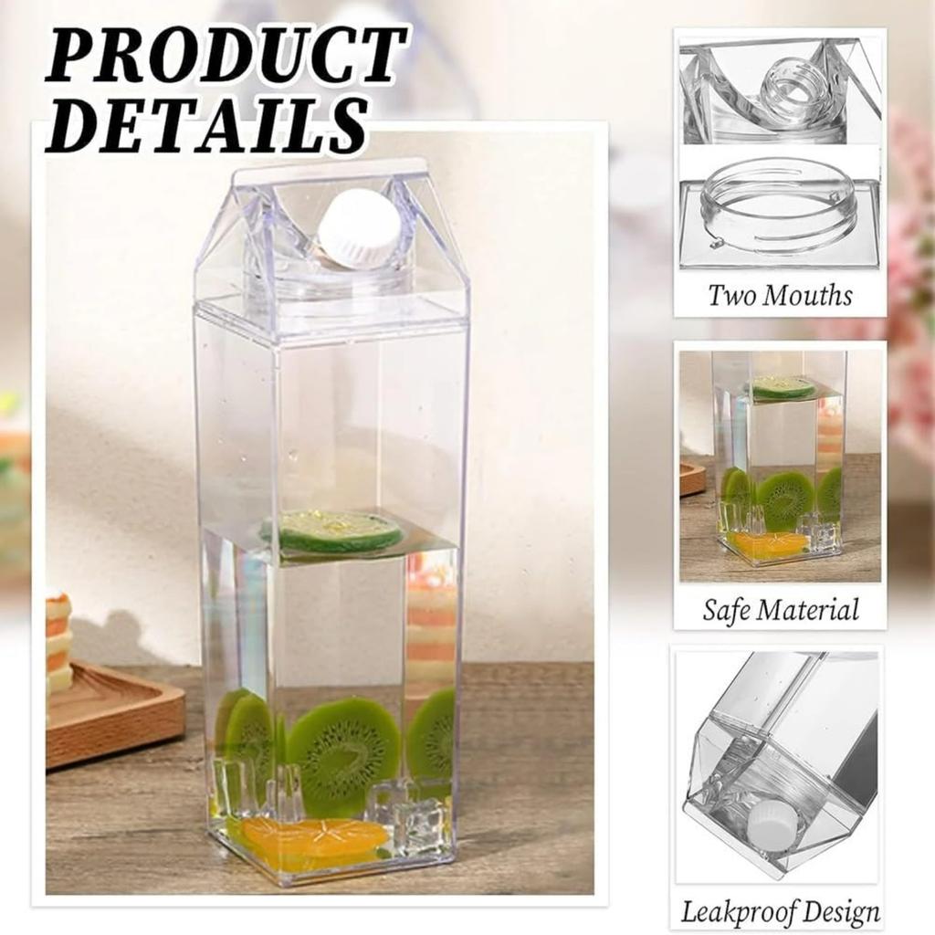 Milk Carton Water Bottles 17oz/500ml Leak Proof Plastic Water Bottle Reusable BPA Free Sports Water Bottle Carton Shaped Juice Milk Bottle for Gym