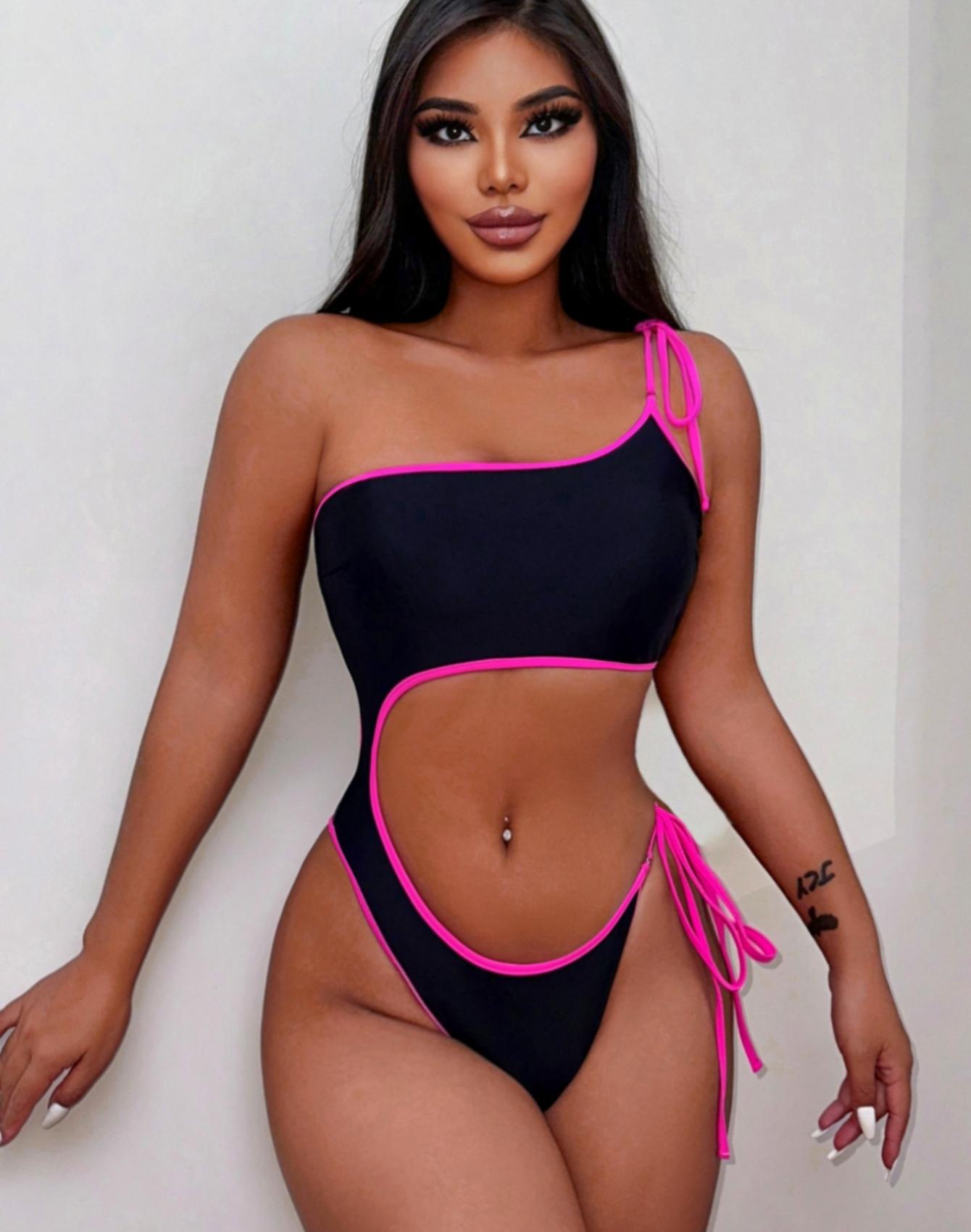 

Женские купальники Черный одно плечо завязывающийся на шнурок купальник бикини пляжная одежда купальные костюмы L