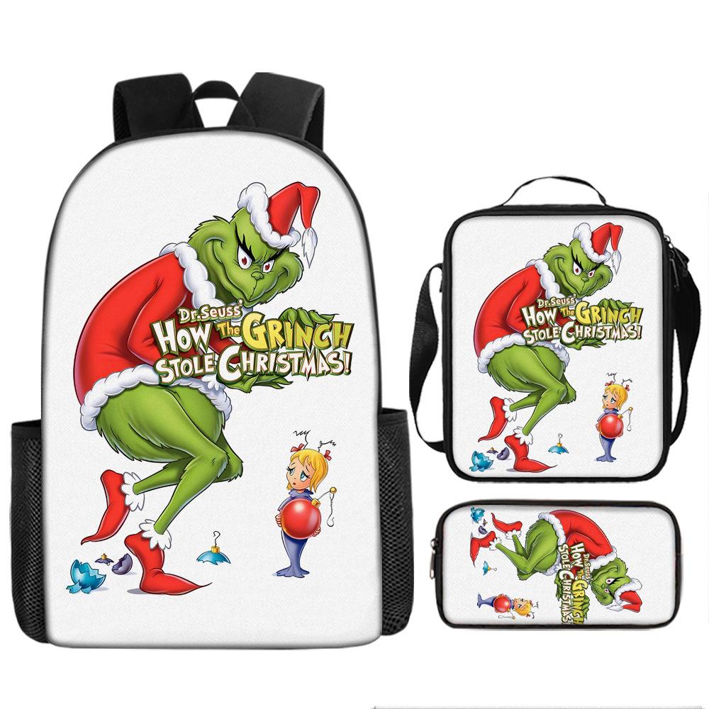 Green Hair Monster Grinch School Bag Campus 12345th and 6th Grade Backpack Lightweight Weight Loss Computer Bag Three-piece Set