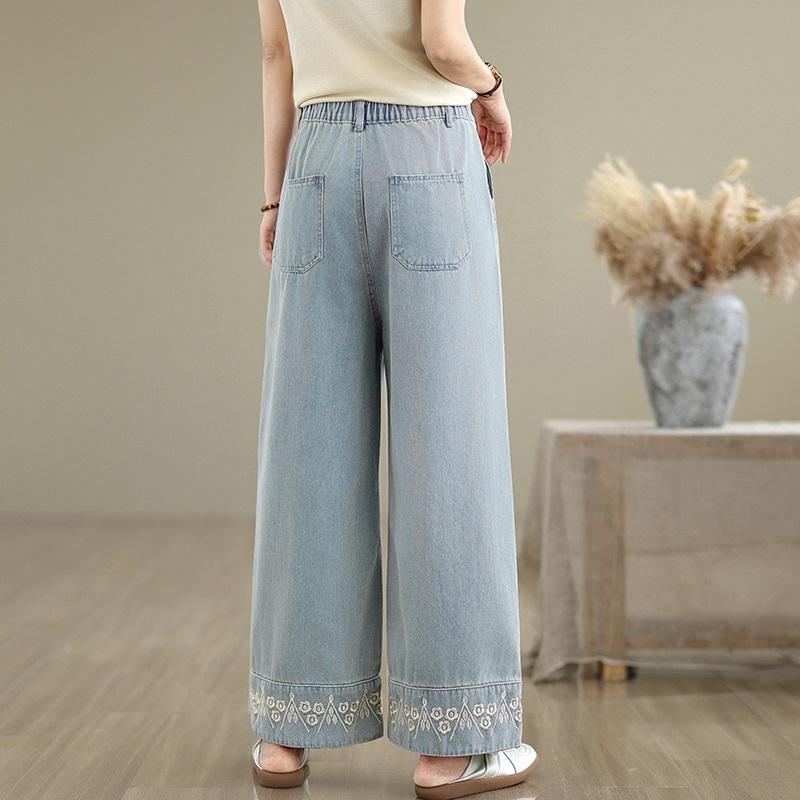 plus size Vintage embroidery floral high waist casual loose Women summer autumn spring jeans denim Straight Pants