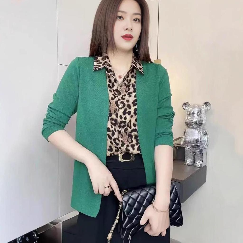 2024 Frühling Petite Leopardenmuster Zweiteiler Bluse für Damen