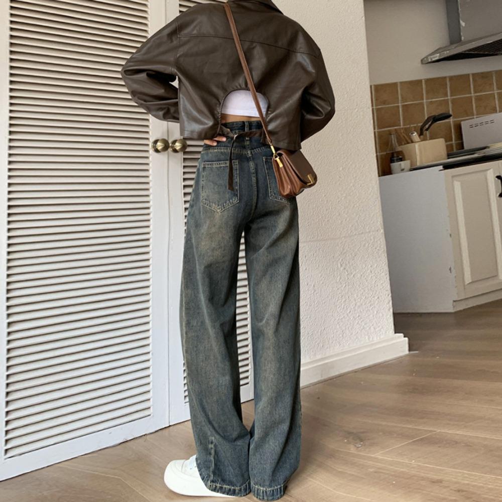 American Retro Wide-leg Jeans Women's Autumn and Winter New Small Cement Gray Loose Straight Jeans