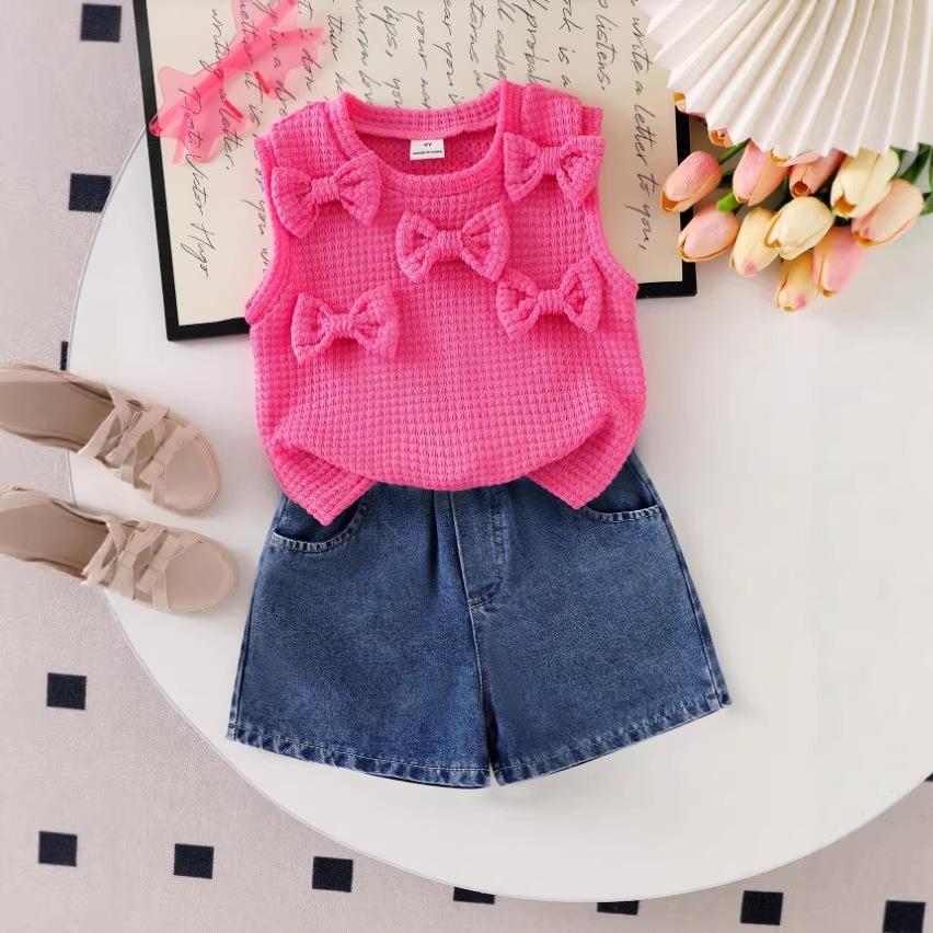 2026 Sommer Strick Oberteil ohne Ärmel mit Schleife & Gewaschene Jeansshorts Set
