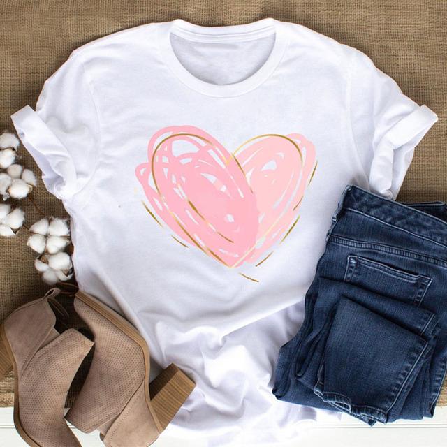 New Women Black T Shirt Feather Flower Love Heart Printed Tops Ladies Female Cute Graphic Tee Shirts Women O-Neck T-Shirts Tops