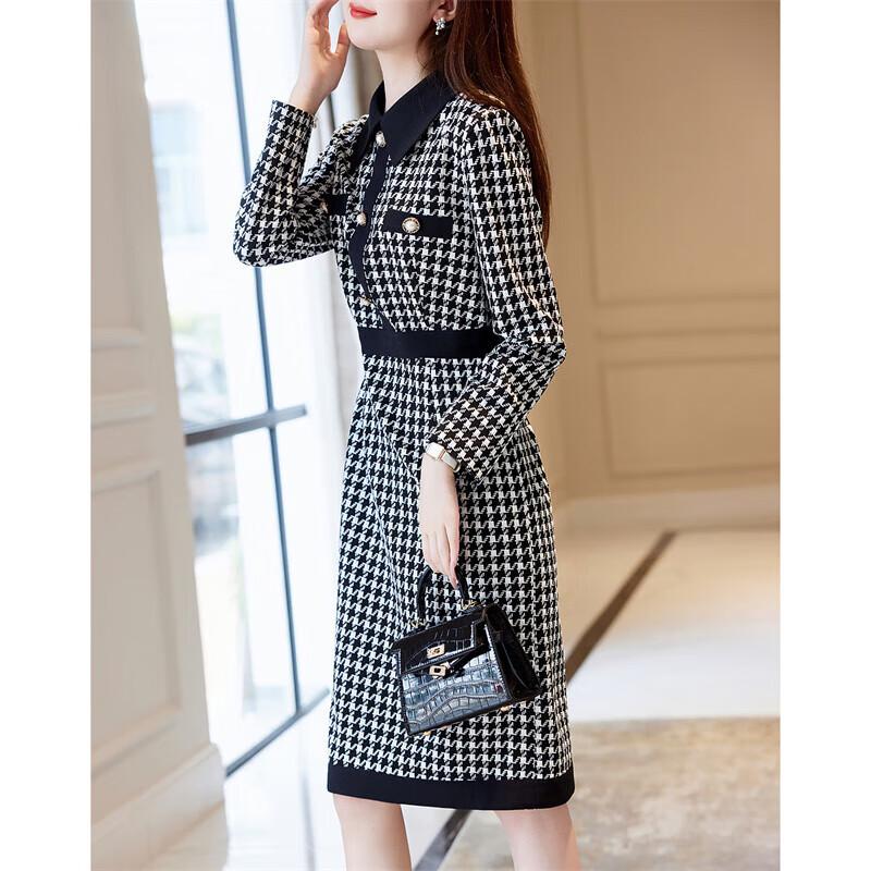 Women's Houndstooth Lapel Long-Sleeve Dress