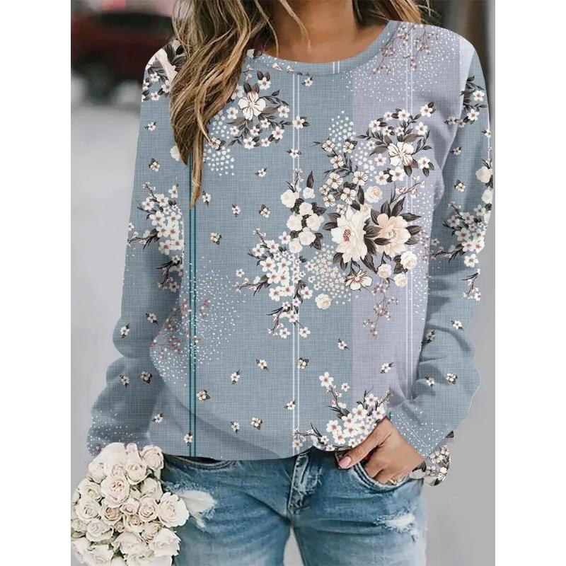 Fashion Women's Crew Neck Long Sleeve 3D Casual Color Printing Casual Long Sleeve T-Shirt