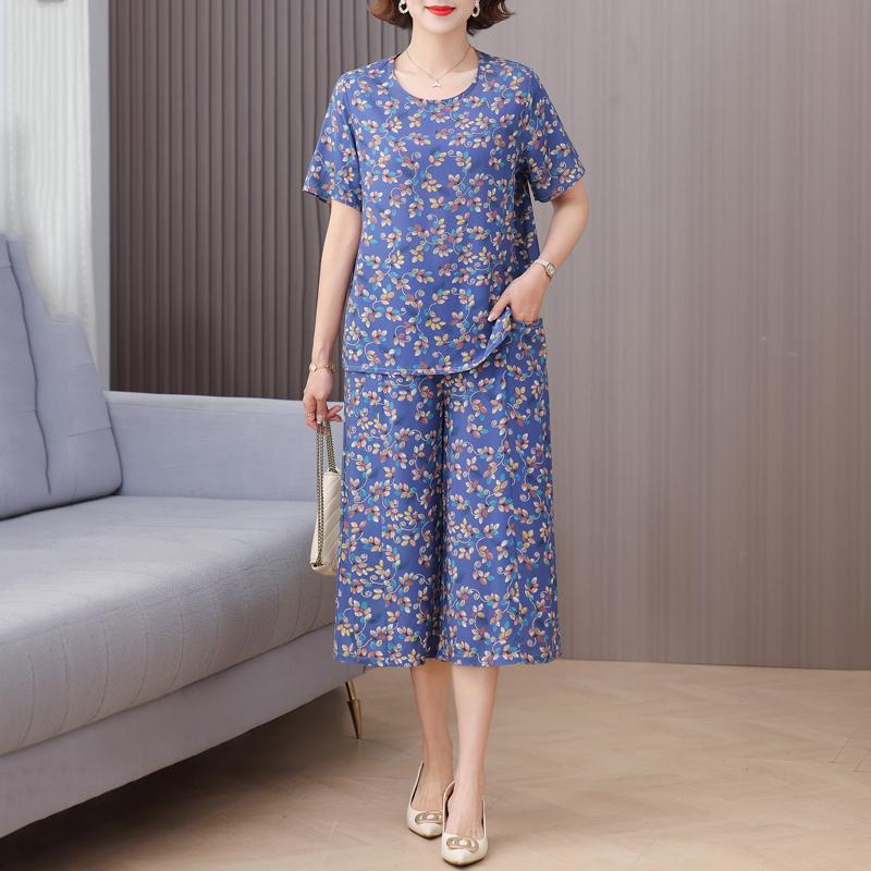 Elegante 2-teilige Sets Damen Sommerkleidung Vintage Lockerer Druck Übergröße Hosenanzüge