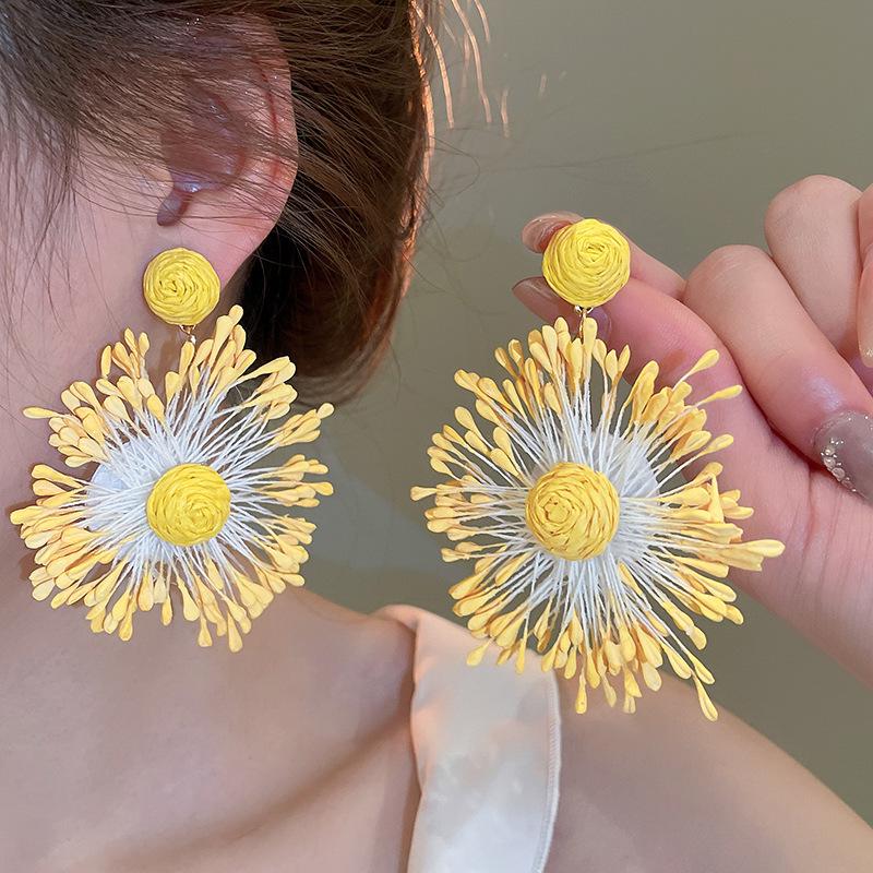 Silver Needle Yellow Flower Tassel Stud Earrings – Spring/Summer Forest Style, Sweet and Fashionable Luxury Ear Accessories for Women.